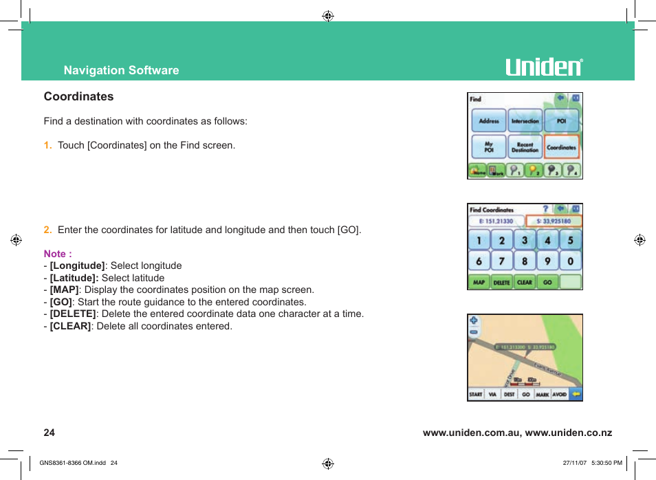 Navigation software coordinates | Uniden GNS8361 User Manual | Page 53 / 76