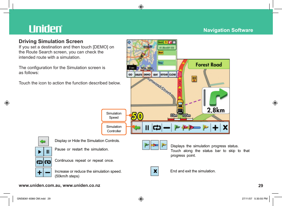 Navigation software, Driving simulation screen | Uniden GNS8361 User Manual | Page 58 / 76