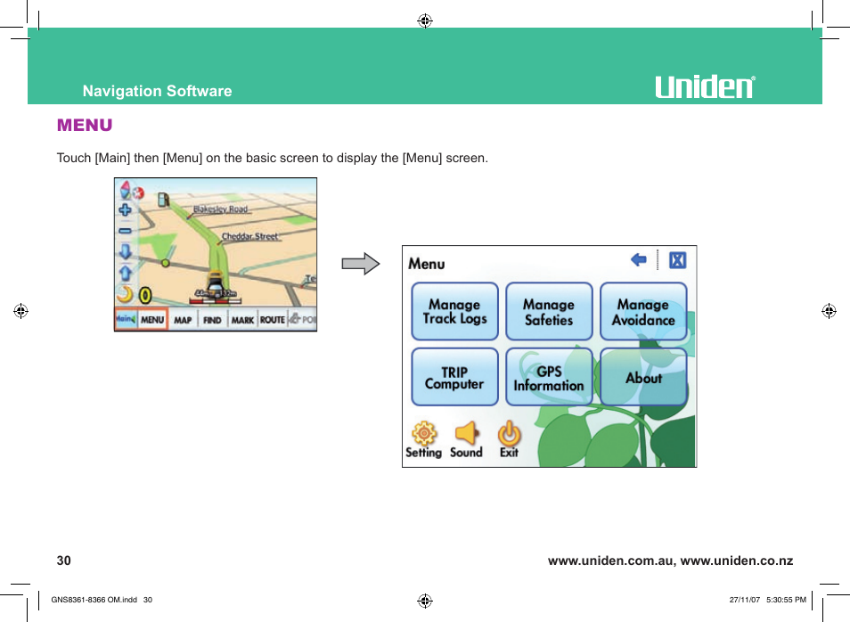 Menu, Navigation software | Uniden GNS8361 User Manual | Page 59 / 76