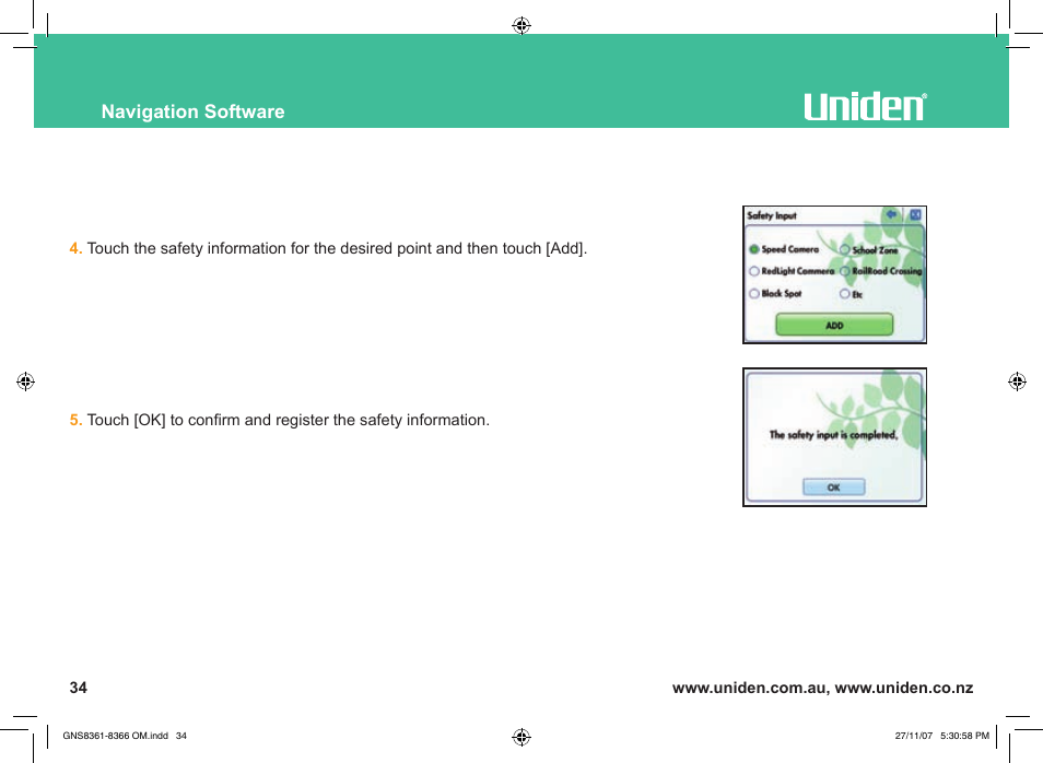 Navigation software | Uniden GNS8361 User Manual | Page 63 / 76