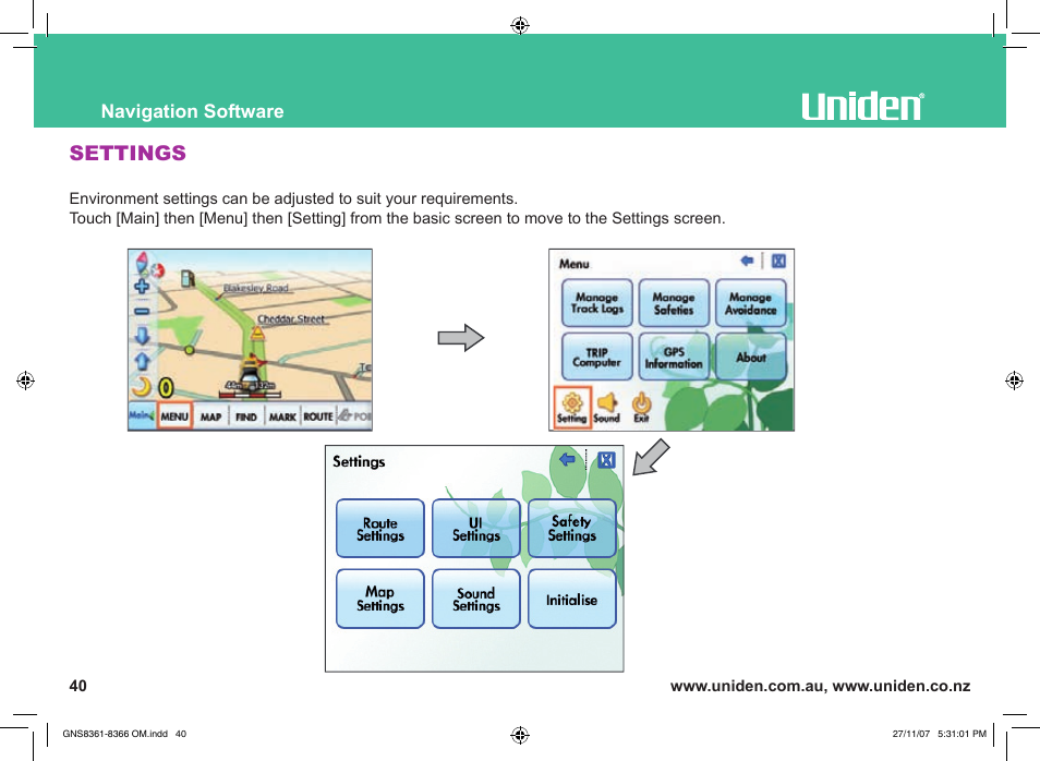 Settings, Navigation software | Uniden GNS8361 User Manual | Page 69 / 76