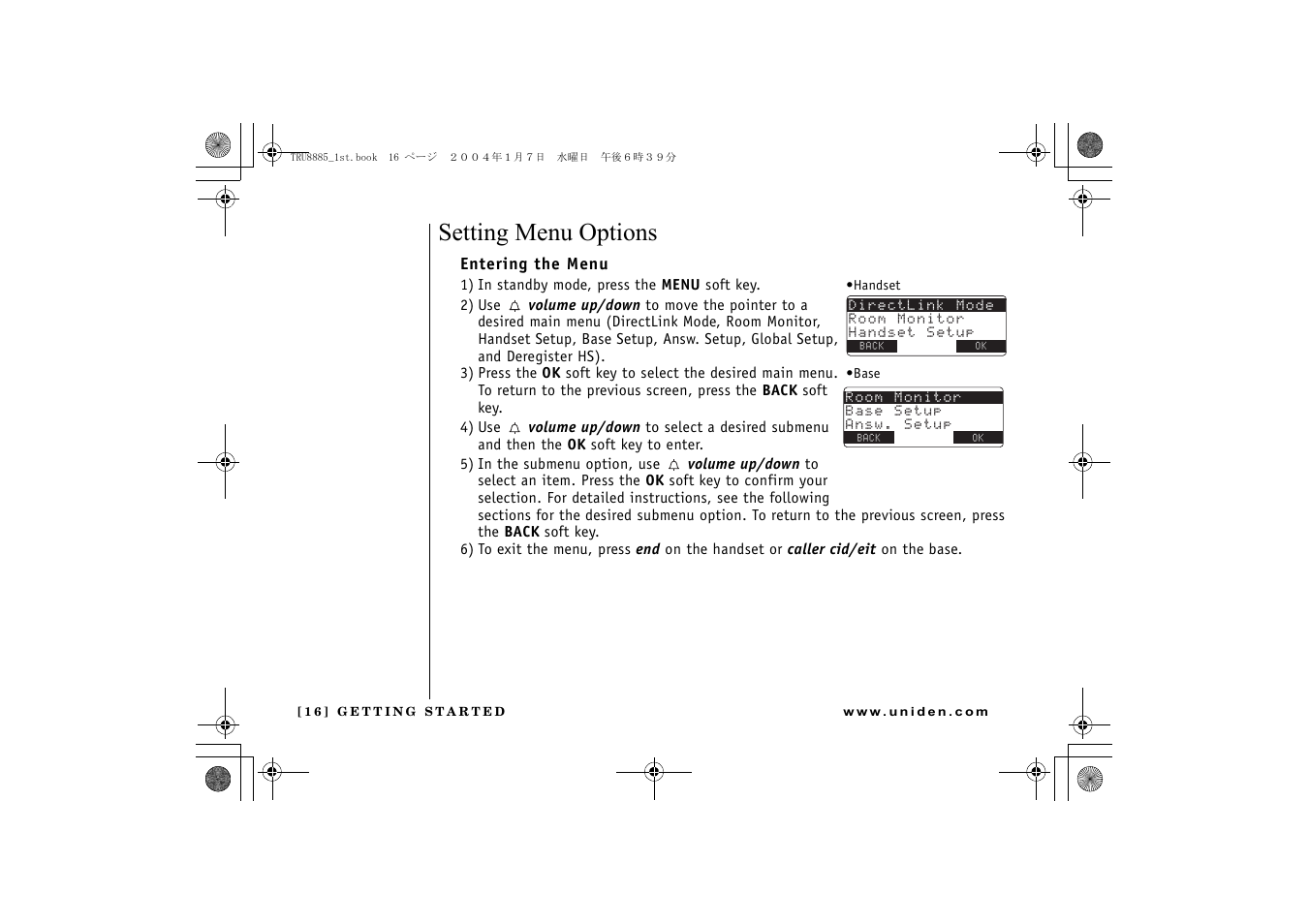 Setting menu options | Uniden TRU 8885 SERIES User Manual | Page 17 / 92