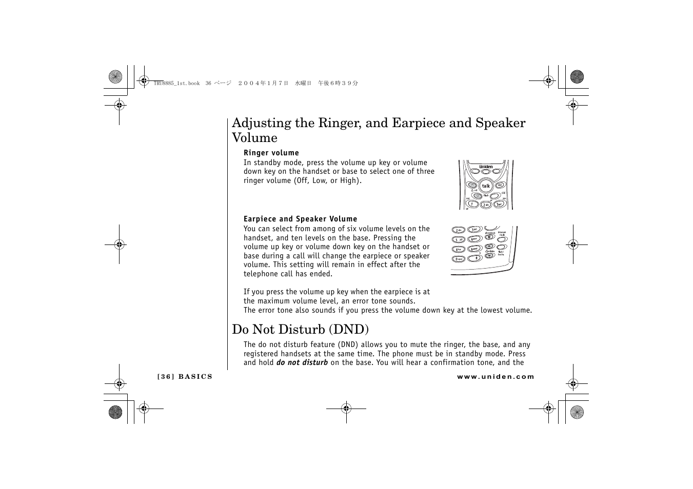 P. 36, P. 36), P. 36 & 1 | Do not disturb (dnd) | Uniden TRU 8885 SERIES User Manual | Page 37 / 92