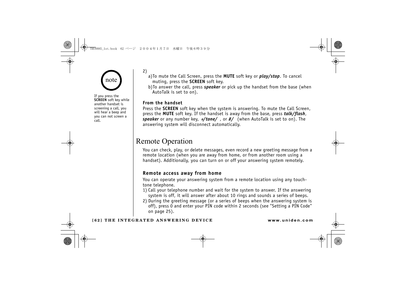 Remote operation | Uniden TRU 8885 SERIES User Manual | Page 63 / 92