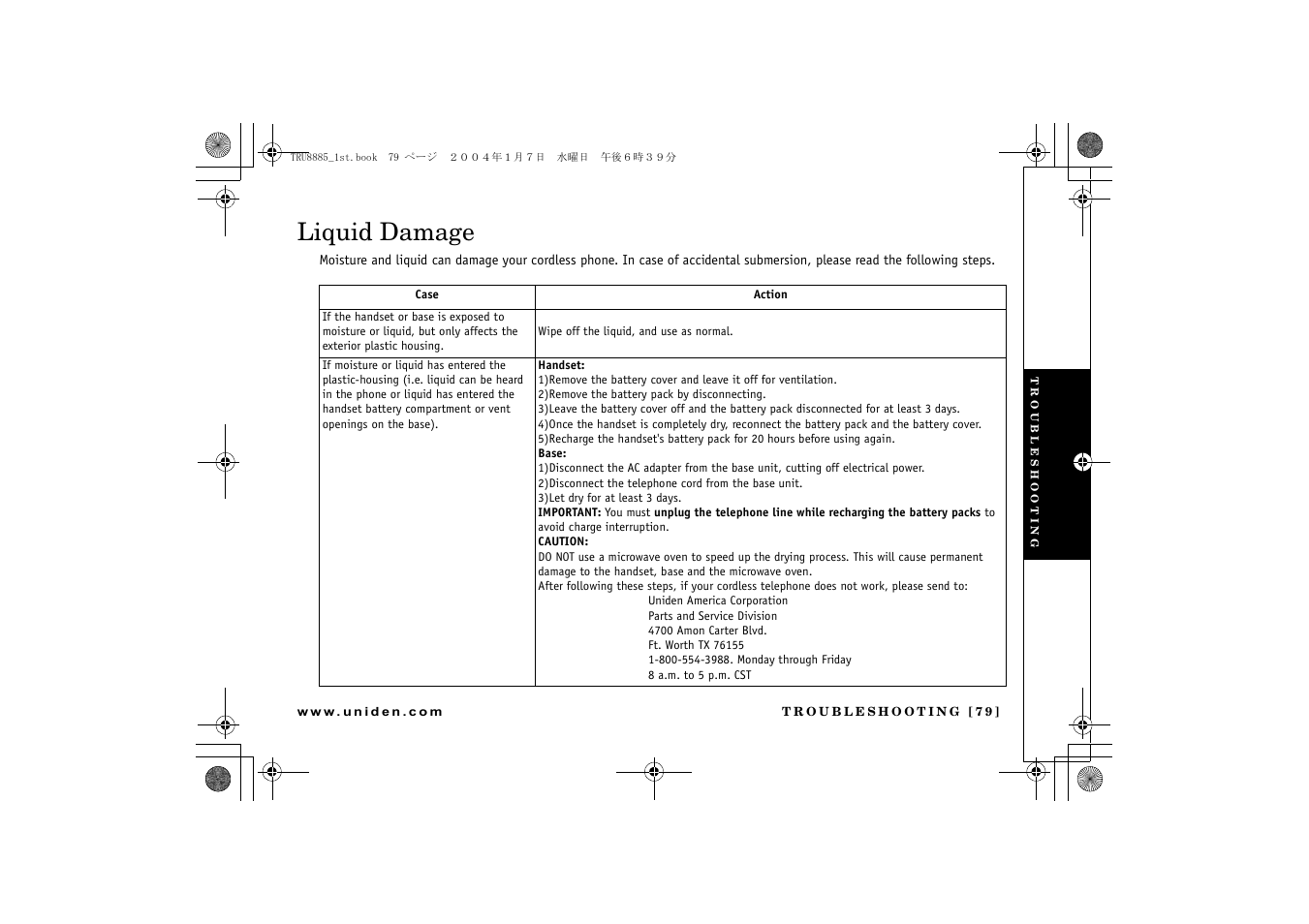 Liquid damage | Uniden TRU 8885 SERIES User Manual | Page 80 / 92