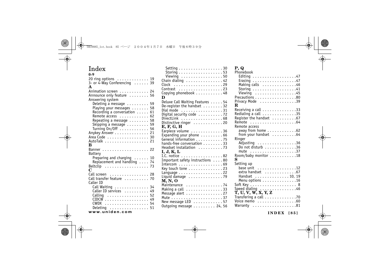 Index | Uniden TRU 8885 SERIES User Manual | Page 86 / 92