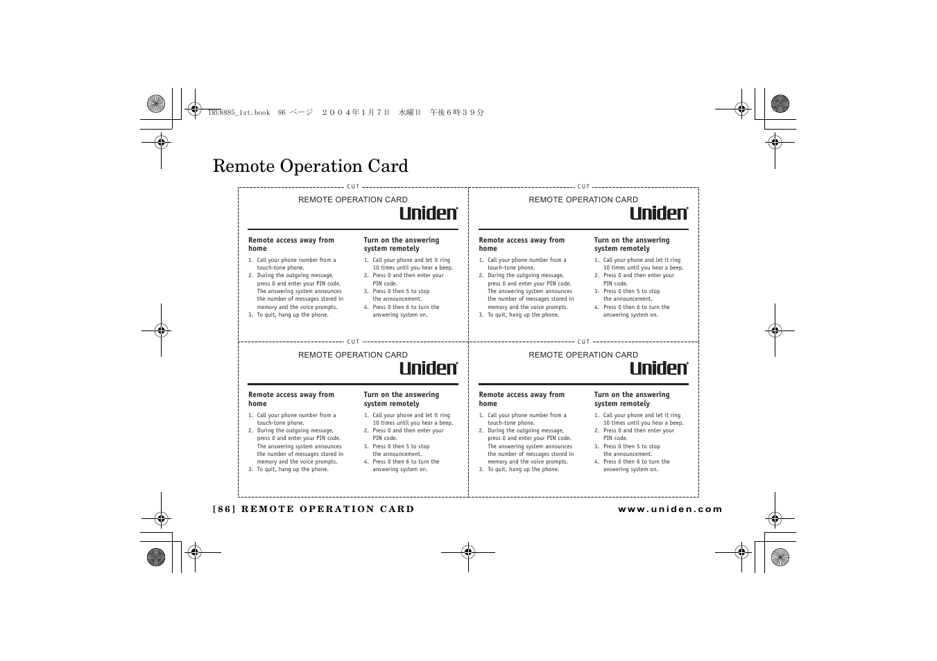 Remote operation card | Uniden TRU 8885 SERIES User Manual | Page 87 / 92