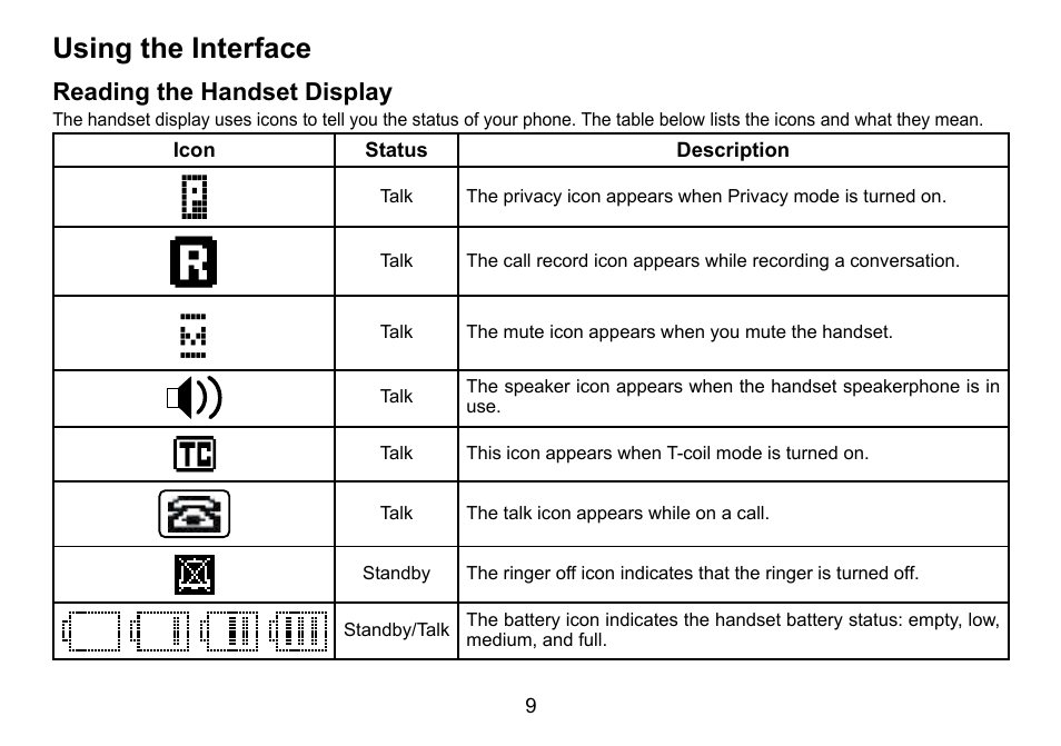 Using the interface, Reading the handset display, Using.the.interface | Reading.the.handset.display | Uniden TRU9488 User Manual | Page 10 / 84