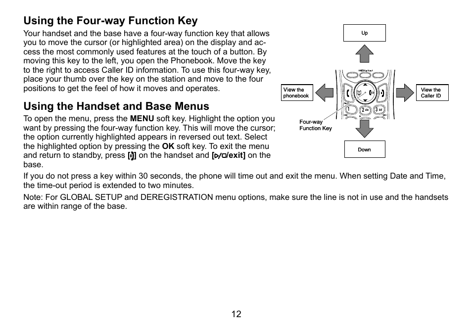 Using the four-way function key, Using the handset and base menus, Using.the.four-way.function.key | Using.the.handset.and.base.menus | Uniden TRU9488 User Manual | Page 13 / 84
