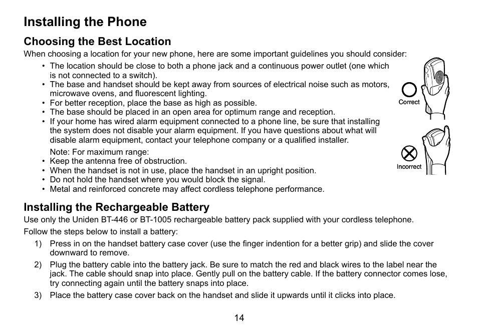 Installing the phone, Choosing the best location, Installing the rechargeable battery | Installing.the.phone, Choosing.the.best.location, Installing.the.rechargeable.battery | Uniden TRU9488 User Manual | Page 15 / 84