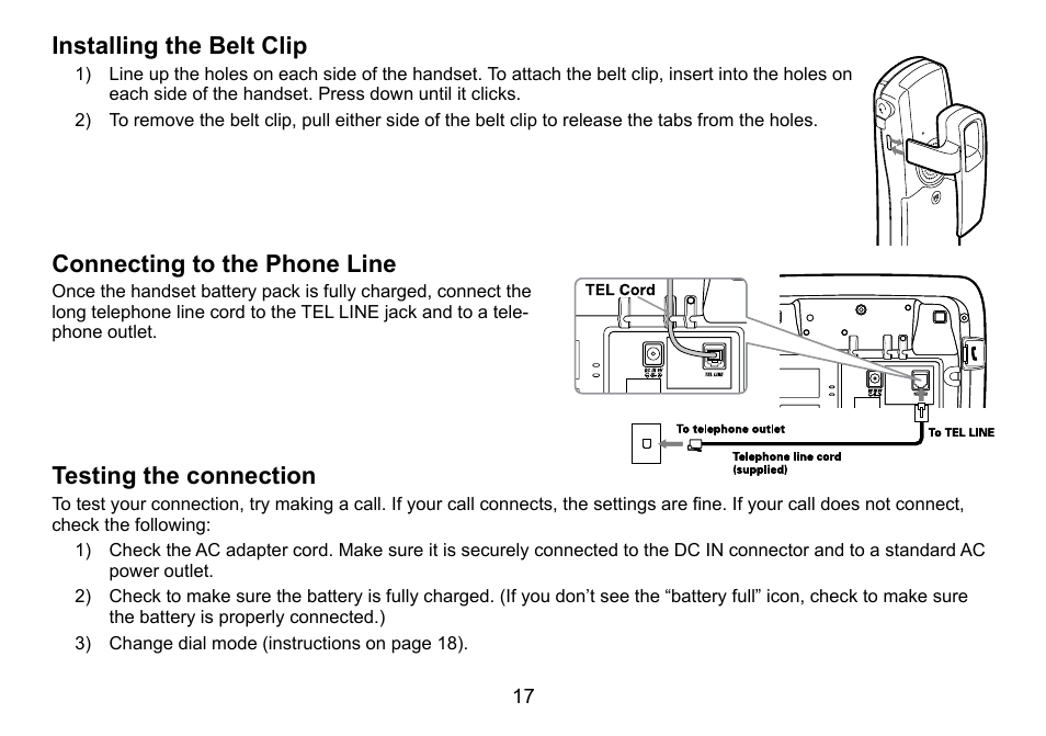 Installing the belt clip, Connecting to the phone line, Testing the connection | Installing.the.belt.clip, Connecting.to.the.phone.line, Testing.the.connection | Uniden TRU9488 User Manual | Page 18 / 84