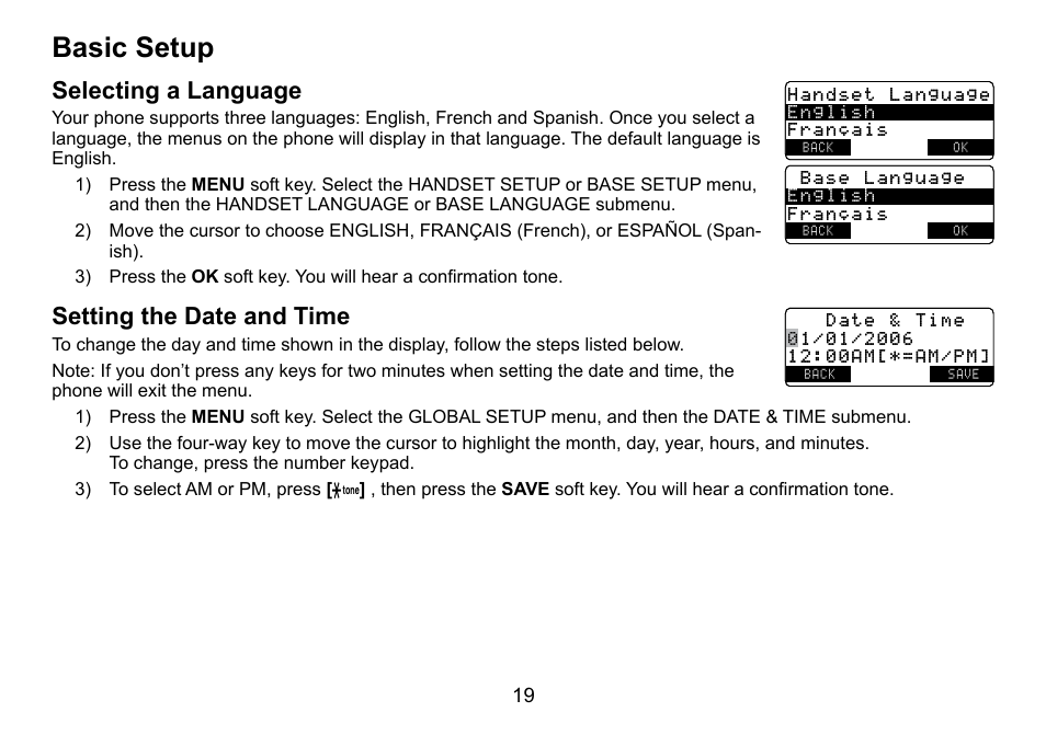 Basic setup, Selecting a language, Setting the date and time | Basic.setup, Selecting.a.language, Setting.the.date.and.time | Uniden TRU9488 User Manual | Page 20 / 84