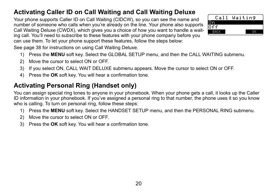 Activating personal ring (handset only), Activating.caller.id.on.call.waiting.and, Activating.personal.ring.(handset.only) | Uniden TRU9488 User Manual | Page 21 / 84