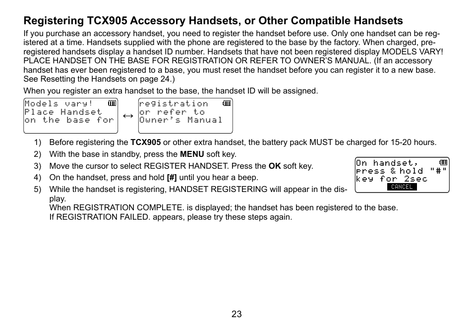 Registering.tcx905.accessory.handsets,.or, Other.compatible.handsets | Uniden TRU9488 User Manual | Page 24 / 84