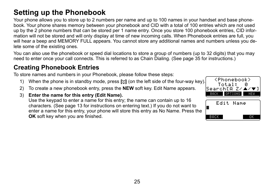 Setting up the phonebook, Creating phonebook entries, Setting.up.the.phonebook | Creating.phonebook.entries | Uniden TRU9488 User Manual | Page 26 / 84