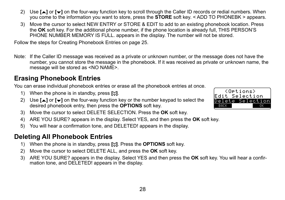 Erasing phonebook entries, Deleting all phonebook entries, Erasing.phonebook.entries | Deleting.all.phonebook.entries | Uniden TRU9488 User Manual | Page 29 / 84