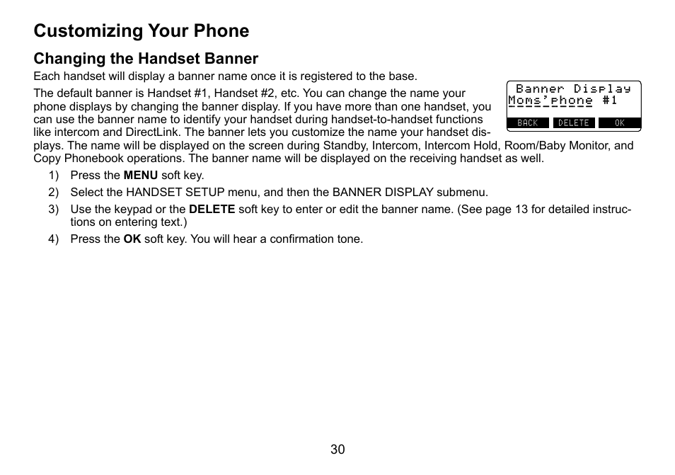 Customizing your phone, Changing the handset banner, Customizing.your.phone | Changing.the.handset.banner | Uniden TRU9488 User Manual | Page 31 / 84