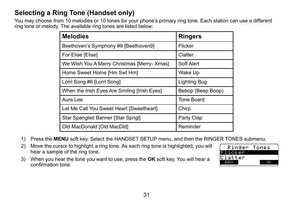 Selecting a ring tone (handset only), Selecting.a.ring.tone.(handset.only), Melodies ringers | Uniden TRU9488 User Manual | Page 32 / 84