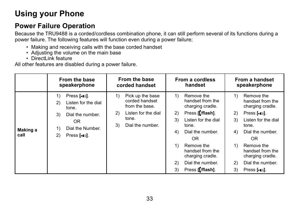 Using your phone, Power failure operation, Using.your.phone | Power.failure.operation | Uniden TRU9488 User Manual | Page 34 / 84