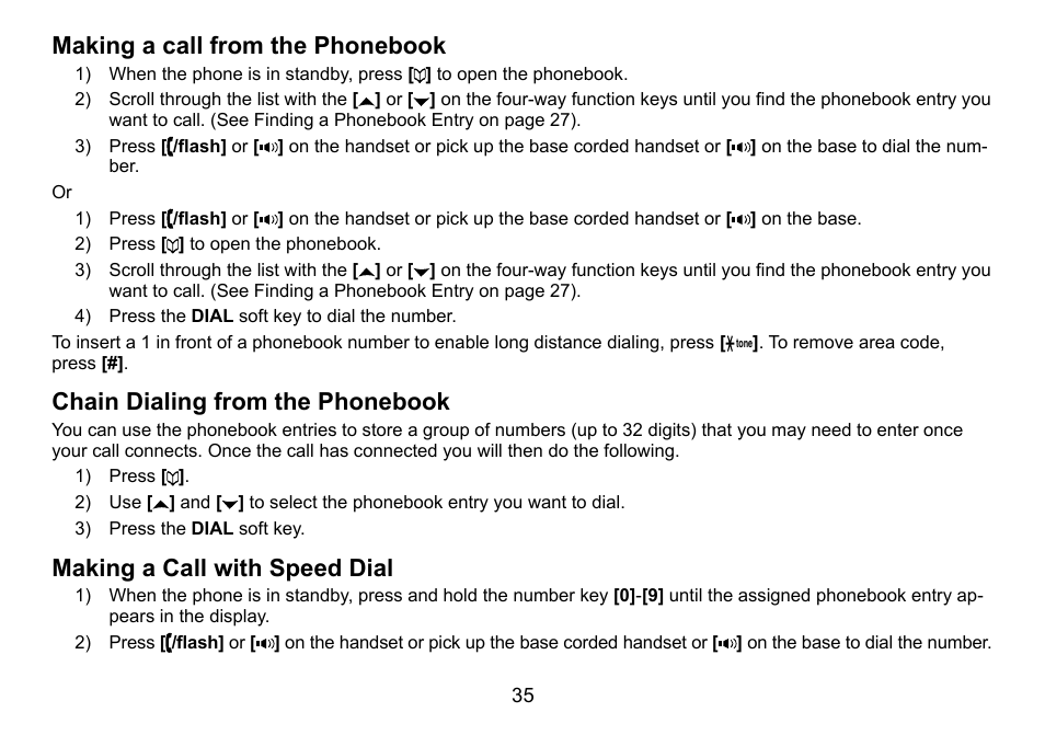 Making a call from the phonebook, Chain dialing from the phonebook, Making a call with speed dial | Making.a.call.from.the.phonebook, Chain.dialing.from.the.phonebook, Making.a.call.with.speed.dial | Uniden TRU9488 User Manual | Page 36 / 84