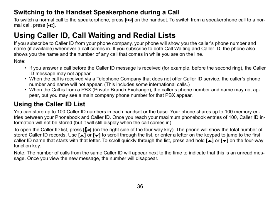 Using caller id, call waiting and redial lists, Using the caller id list, Switching.to.the.handset.speakerphone | During.a.call, Using.caller.id,.call.waiting.and.redial.lists, Using.the.caller.id.list | Uniden TRU9488 User Manual | Page 37 / 84