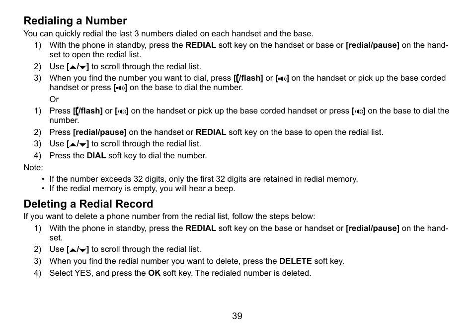 Redialing a number, Deleting a redial record, Redialing.a.number deleting.a.redial.record | Redialing.a.number, Deleting.a.redial.record | Uniden TRU9488 User Manual | Page 40 / 84