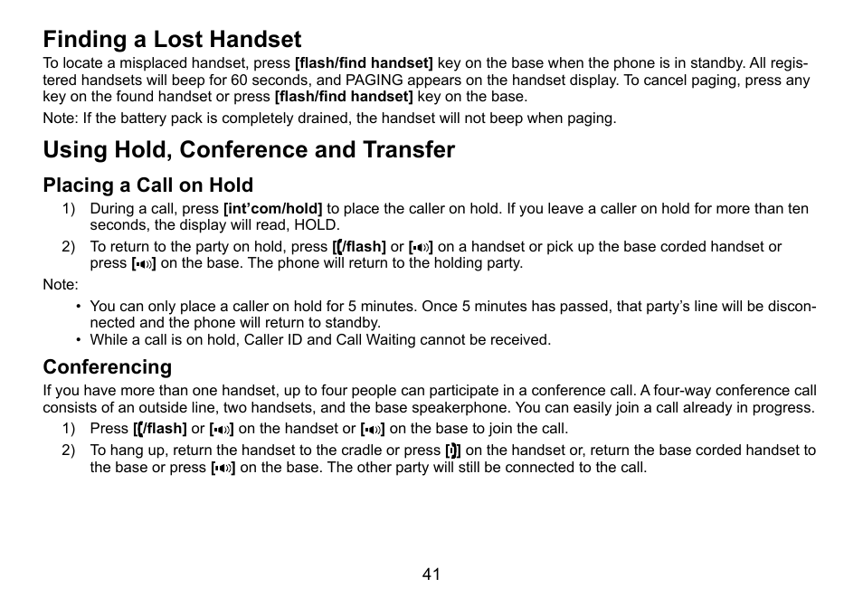 Finding a lost handset, Using hold, conference and transfer, Placing a call on hold | Conferencing, Finding.a.lost.handset, Using.hold,.conference.and.transfer, Placing.a.call.on.hold  conferencing, Placing.a.call.on.hold | Uniden TRU9488 User Manual | Page 42 / 84