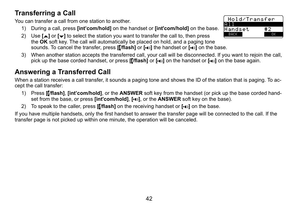Transferring a call, Answering a transferred call, Transferring.a.call answering.a.transferred.call | Transferring.a.call, Answering.a.transferred.call | Uniden TRU9488 User Manual | Page 43 / 84