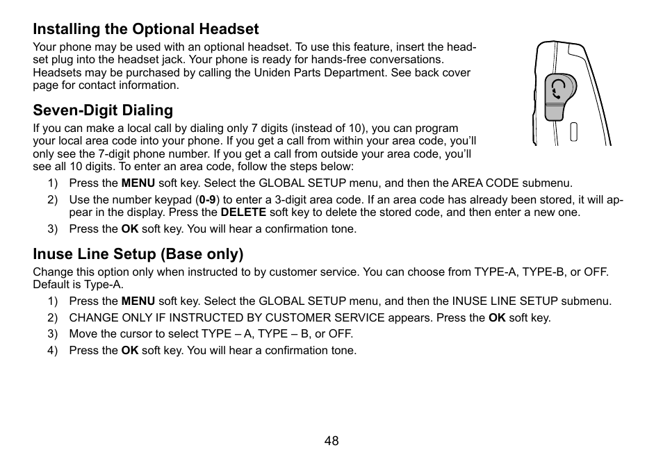Installing the optional headset, Seven-digit dialing, Inuse line setup (base only) | Installing.the.optional.headset, Seven-digit.dialing, Inuse.line.setup.(base.only) | Uniden TRU9488 User Manual | Page 49 / 84