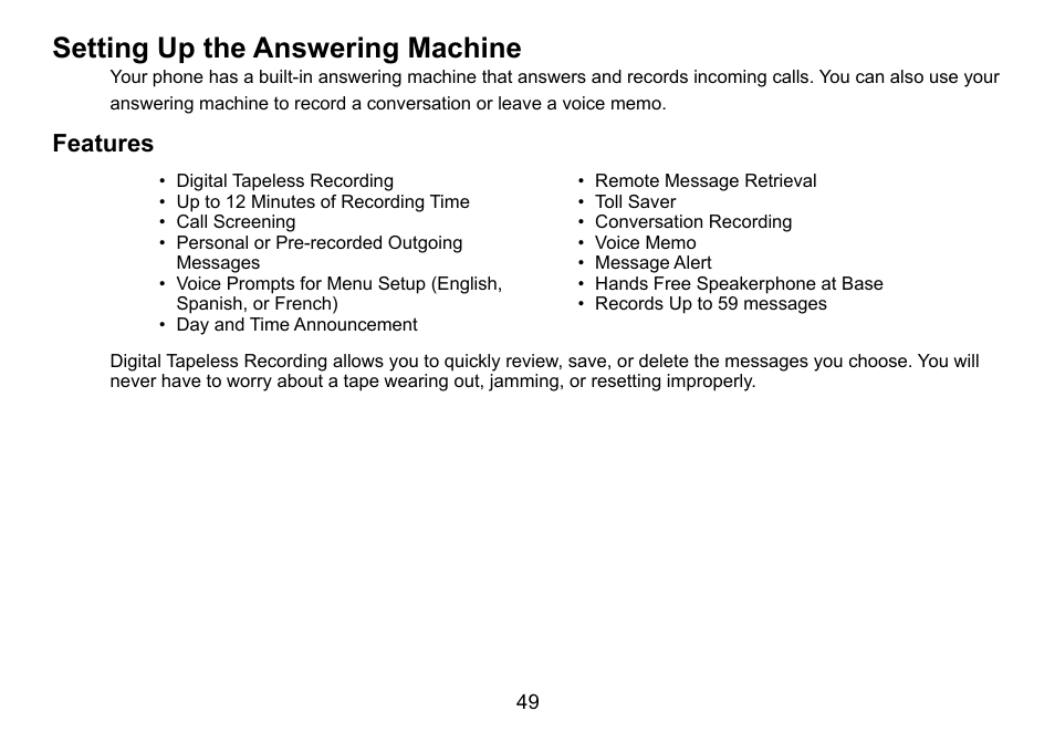 Setting up the answering machine, Features, Setting.up.the.answering.machine | Uniden TRU9488 User Manual | Page 50 / 84