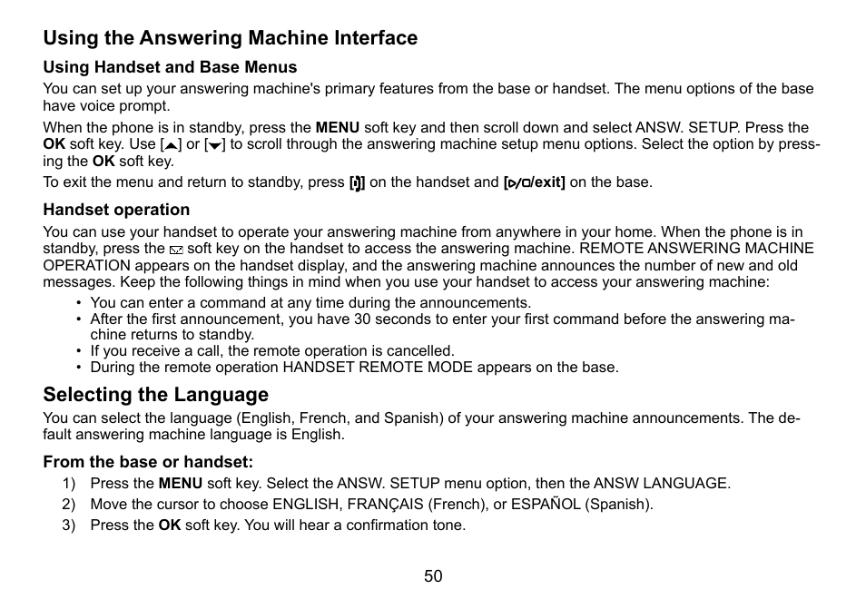 Using the answering machine interface, Using handset and base menus, Handset operation | Selecting the language, From the base or handset, Using.the.answering.machine.interface, Selecting.the.language | Uniden TRU9488 User Manual | Page 51 / 84