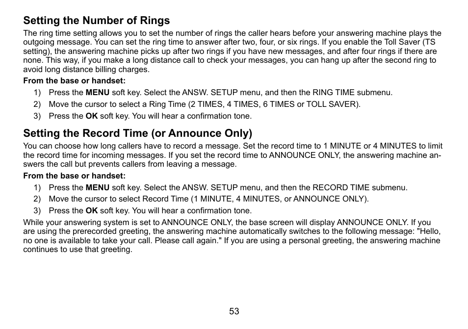 Setting the number of rings, Setting the record time (or announce only), Setting.the.number.of.rings | Setting.the.record.time.(or.announce.only) | Uniden TRU9488 User Manual | Page 54 / 84