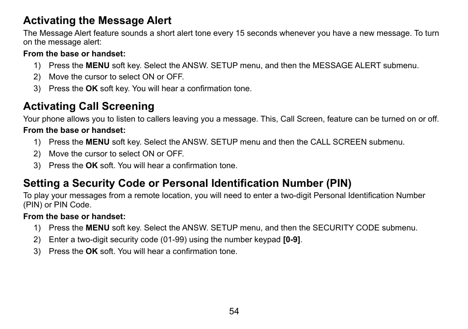 Activating the message alert, Activating call screening, Personal identification number (pin) | Activating.the.message.alert, Activating.call.screening | Uniden TRU9488 User Manual | Page 55 / 84