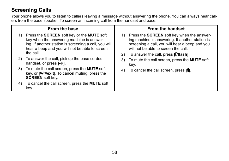 Screening calls, Screening.calls | Uniden TRU9488 User Manual | Page 59 / 84