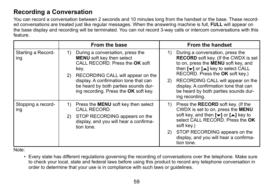 Recording a conversation, Recording.a.conversation | Uniden TRU9488 User Manual | Page 60 / 84