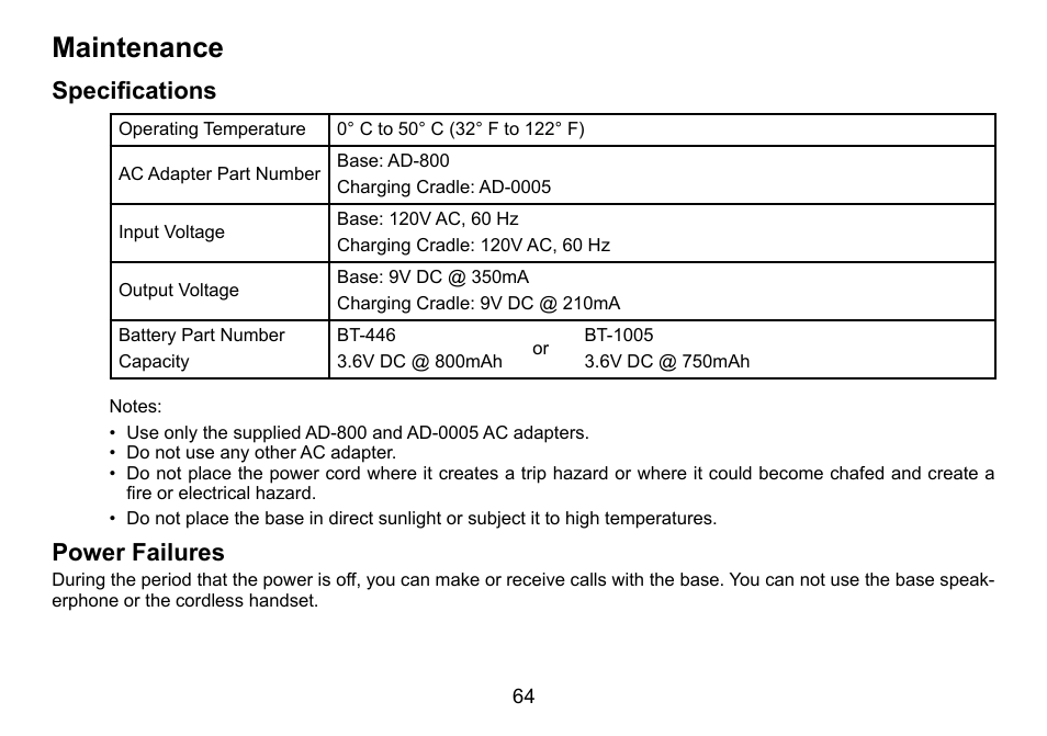 Maintenance, Specifications, Power failures | Specifications power.failures, Power.failures | Uniden TRU9488 User Manual | Page 65 / 84