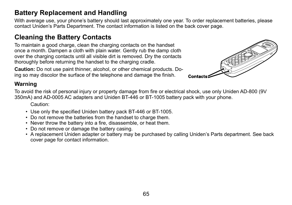 Battery replacement and handling, Cleaning the battery contacts, Warning | Battery.replacement.and.handling, Cleaning.the.battery.contacts | Uniden TRU9488 User Manual | Page 66 / 84