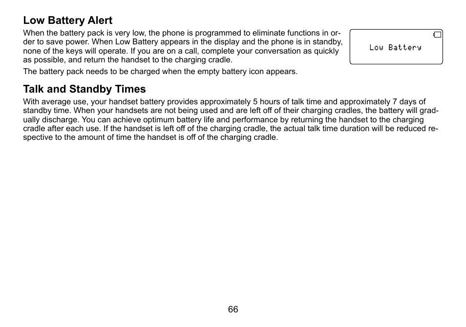 Low battery alert, Talk and standby times, Low.battery.alert talk.and.standby.times | Low.battery.alert, Talk.and.standby.times | Uniden TRU9488 User Manual | Page 67 / 84