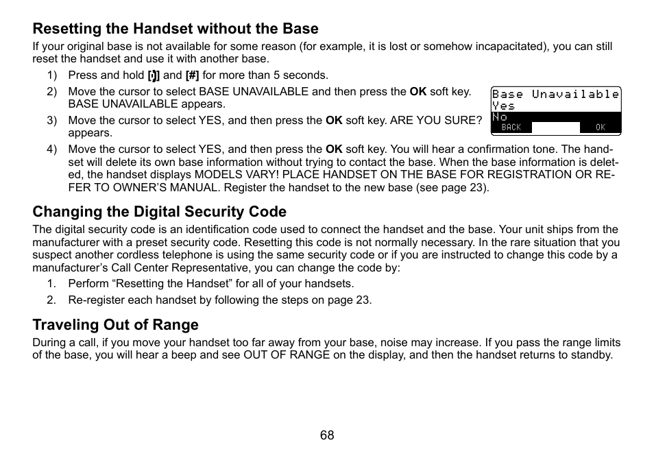Resetting the handset without the base, Changing the digital security code, Traveling out of range | Resetting.the.handset.without.the.base, Changing.the.digital.security.code, Traveling.out.of.range | Uniden TRU9488 User Manual | Page 69 / 84
