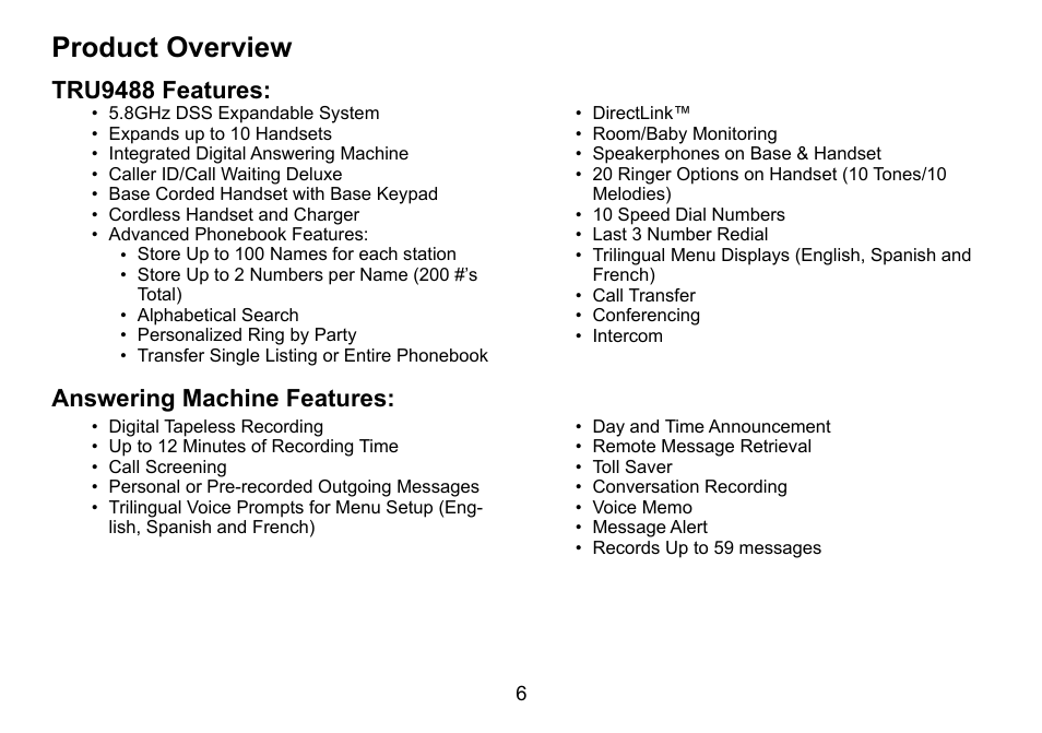 Product overview, Tru9488 features, Answering machine features | Product.overview, Tru9488.features: answering.machine.features, Tru9488.features, Answering.machine.features | Uniden TRU9488 User Manual | Page 7 / 84