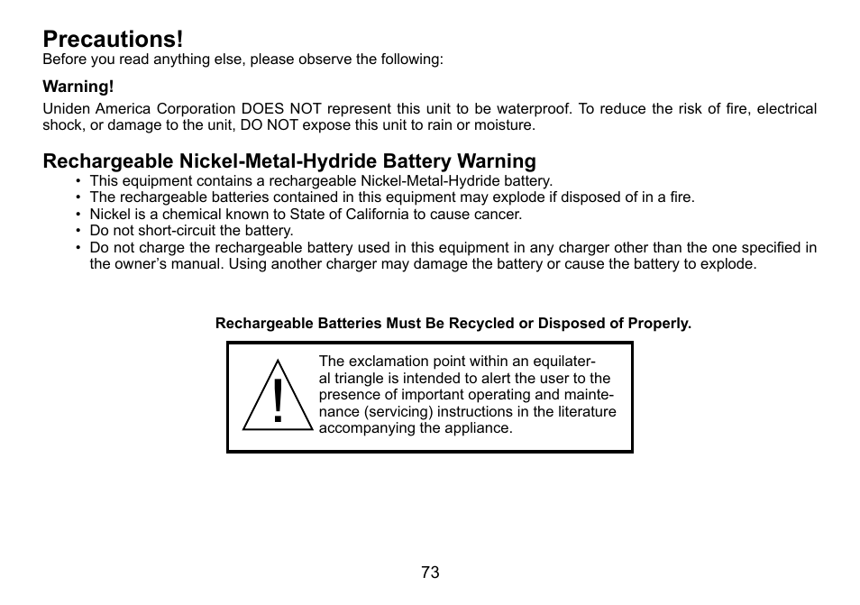Precautions, Warning, Rechargeable nickel-metal-hydride battery warning | Rechargeable.nickel-metal-hydride, Battery.warning | Uniden TRU9488 User Manual | Page 74 / 84