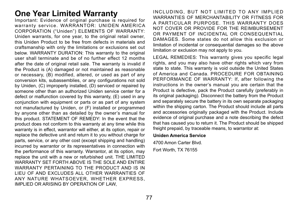One year limited warranty, One.year.limited.warranty | Uniden TRU9488 User Manual | Page 78 / 84