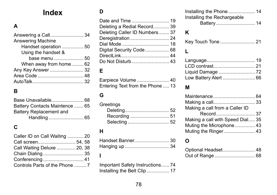 Index | Uniden TRU9488 User Manual | Page 79 / 84