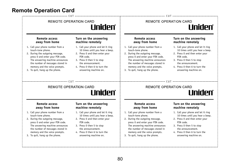 Remote operation card, Remote.operation.card | Uniden TRU9488 User Manual | Page 81 / 84