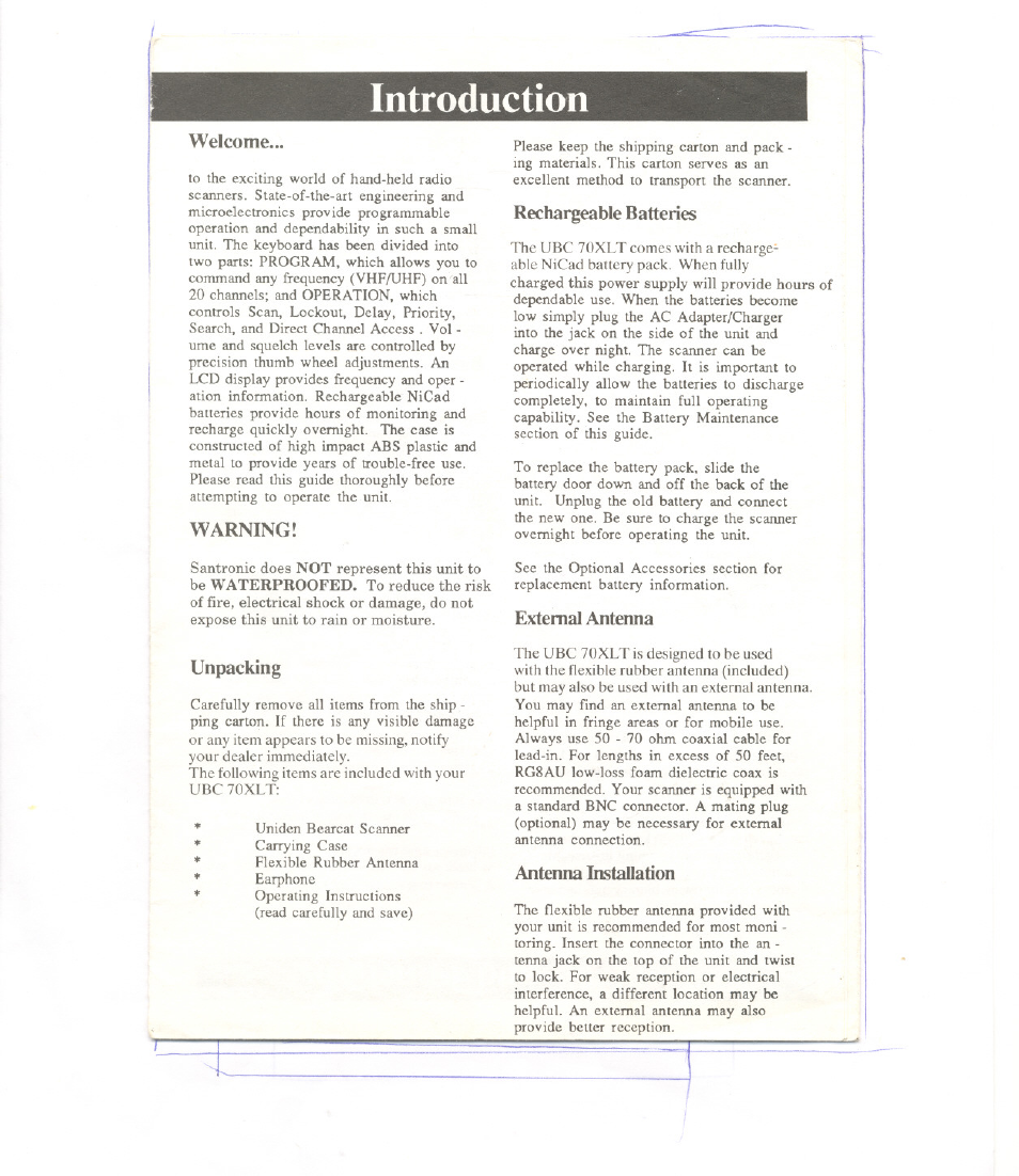 Welcome, Warning, Unpacking | Rechargeable batteries, External antenna, Antenna installation, Introduction | Uniden BEARCAT UBC 70XLT User Manual | Page 2 / 12