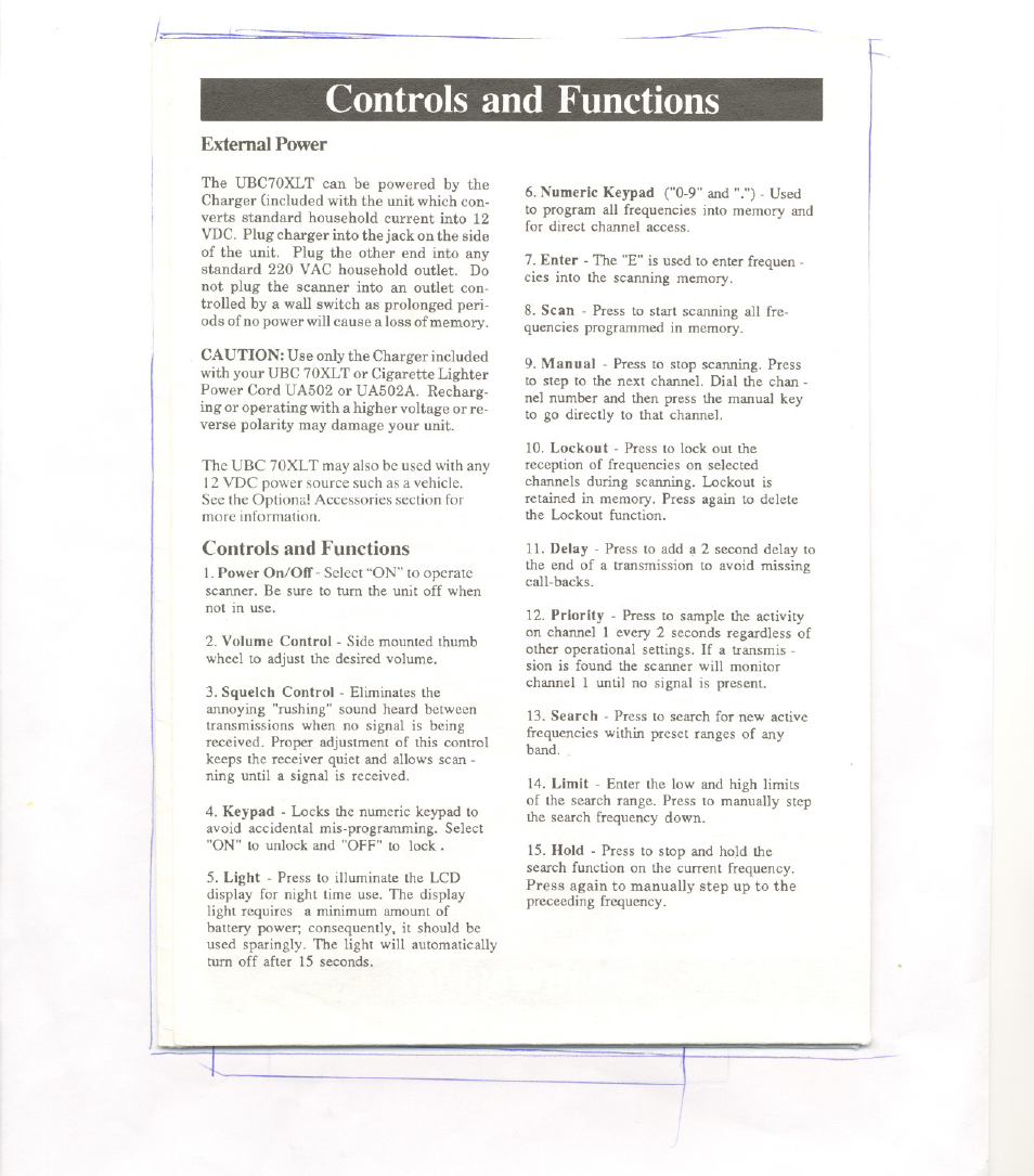 External power, Controls and functions | Uniden BEARCAT UBC 70XLT User Manual | Page 3 / 12