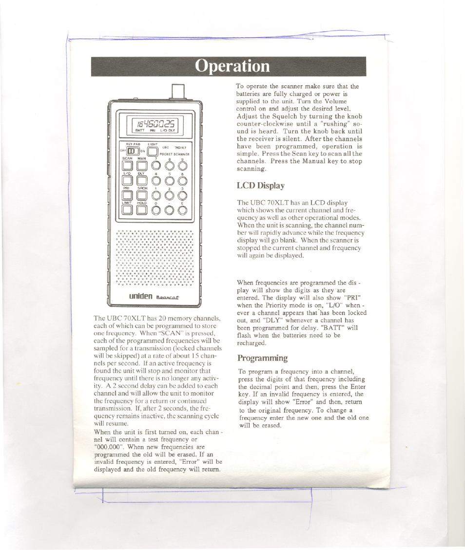 Lcd display, Programming, Operation | Uniden BEARCAT UBC 70XLT User Manual | Page 4 / 12