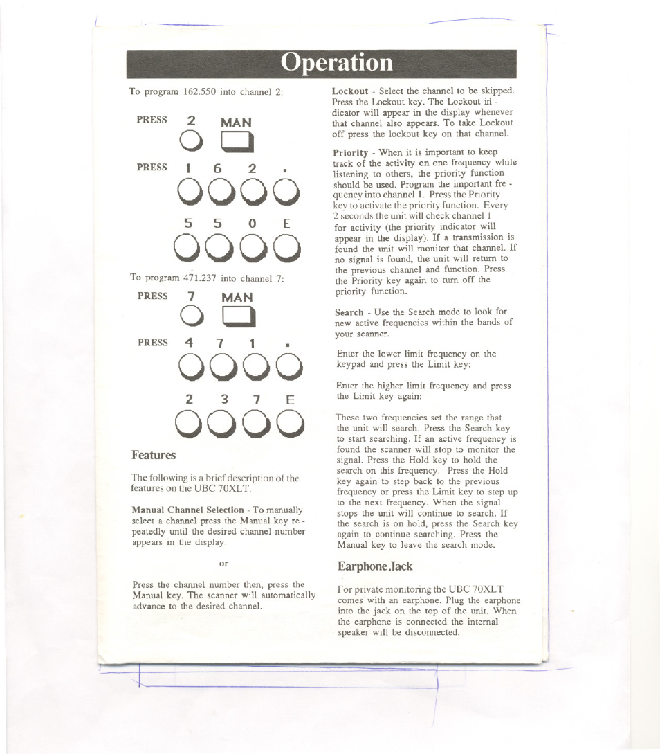 5 5 0 e, Press 4 7 1, 2 3 7 e | Features, Earphone jack, Operation | Uniden BEARCAT UBC 70XLT User Manual | Page 5 / 12