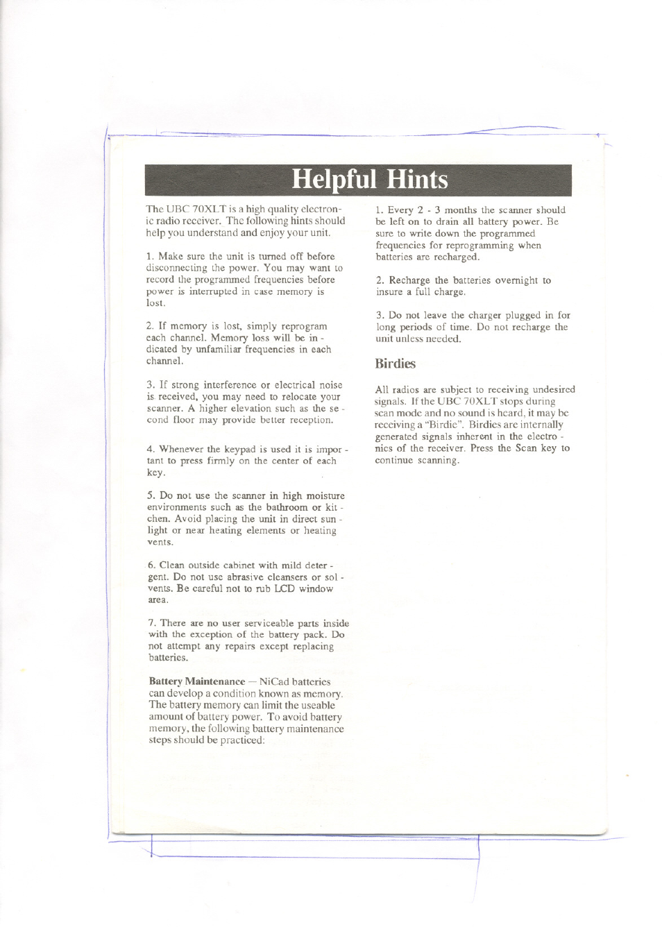 Birdies, Helpful hints | Uniden BEARCAT UBC 70XLT User Manual | Page 6 / 12