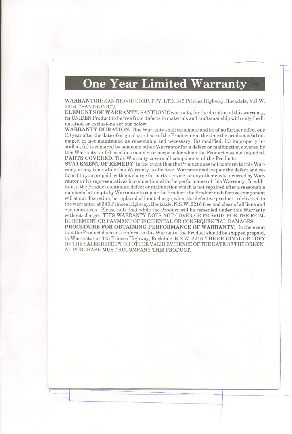 One year limited warranty | Uniden BEARCAT UBC 70XLT User Manual | Page 7 / 12